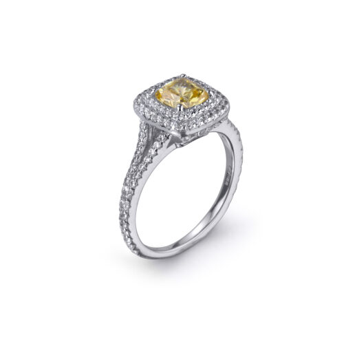 Halo Ring In 18K White Gold Yellow Stone - Image 3